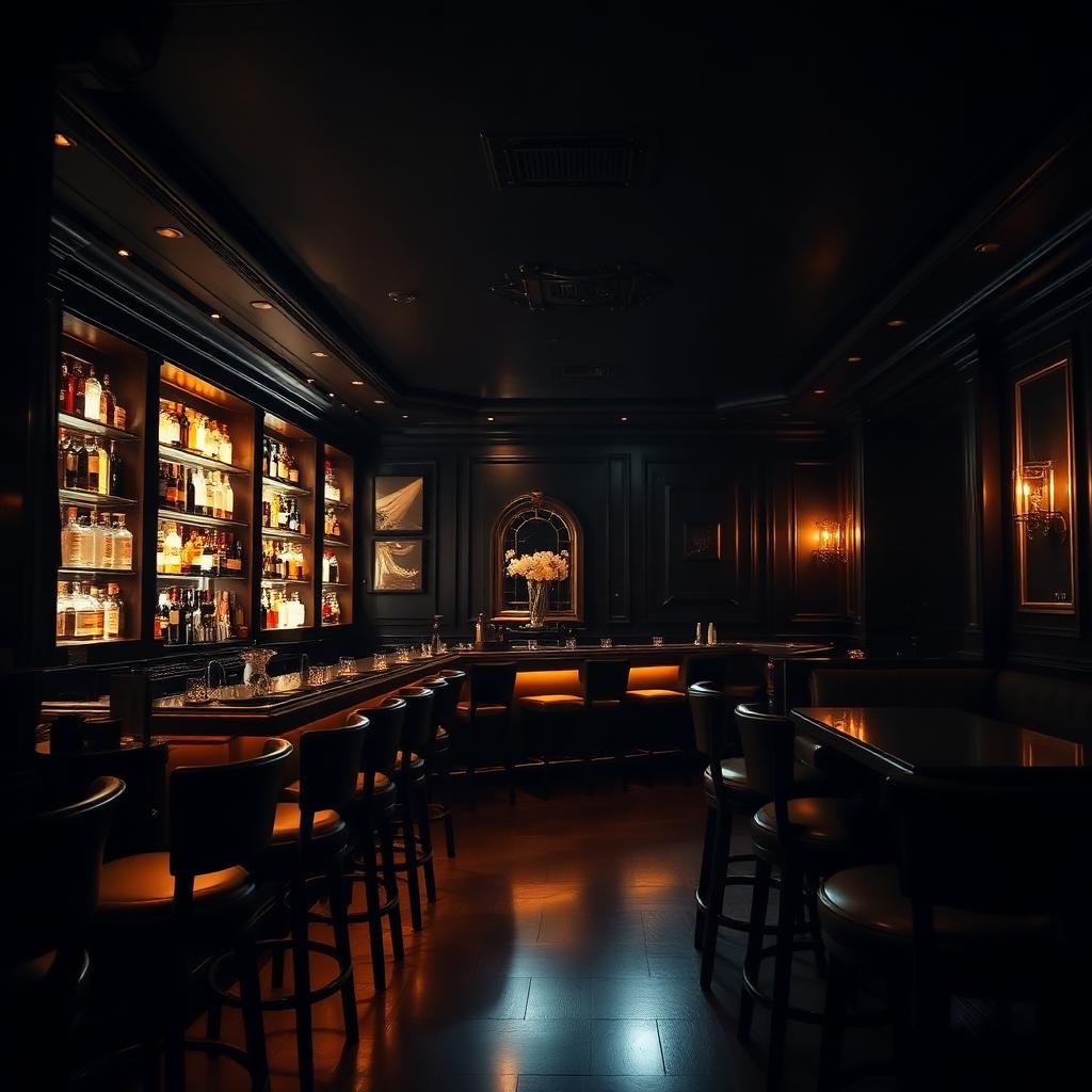 Interno elegante di un night club con bar in penombra e luci calde